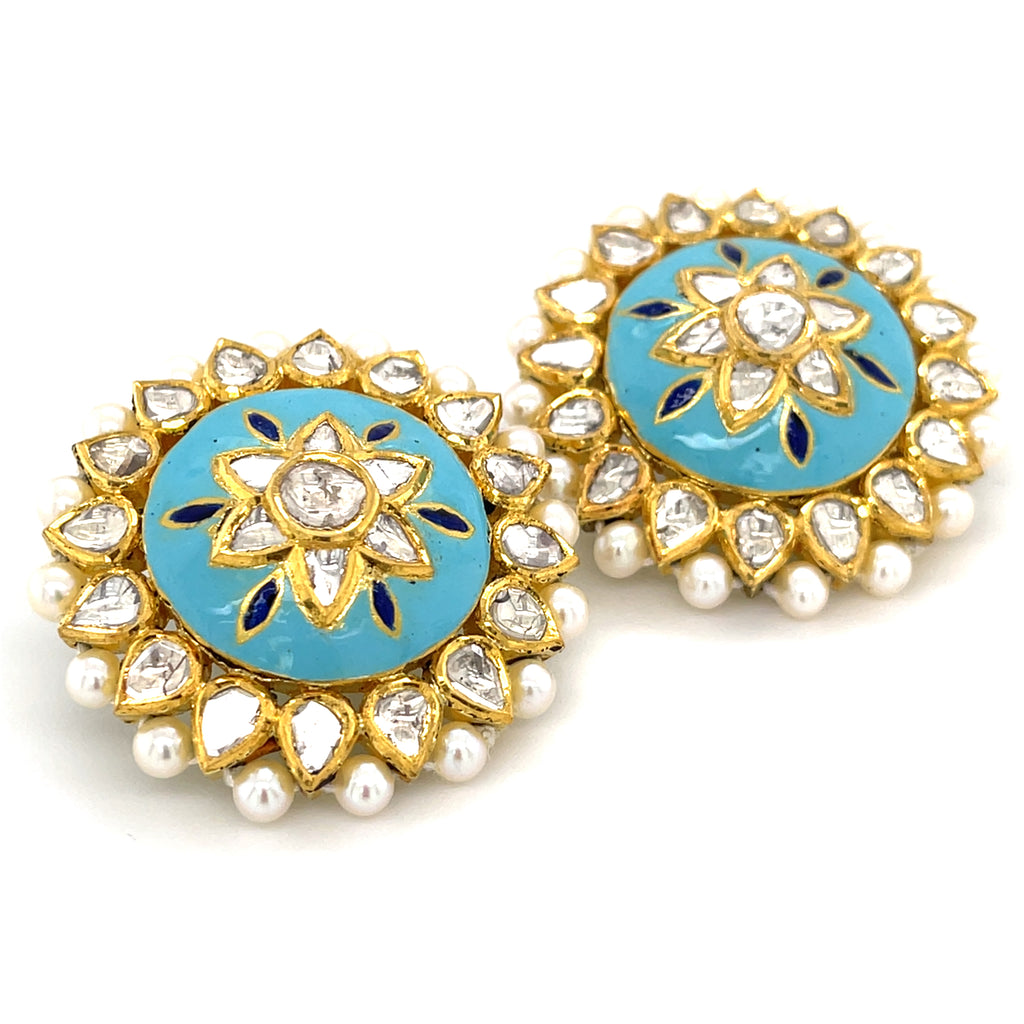 18k Yellow Gold Earrings w/ Table-Cut Pear Diamonds, Cultured Pearl & Enamel Accents