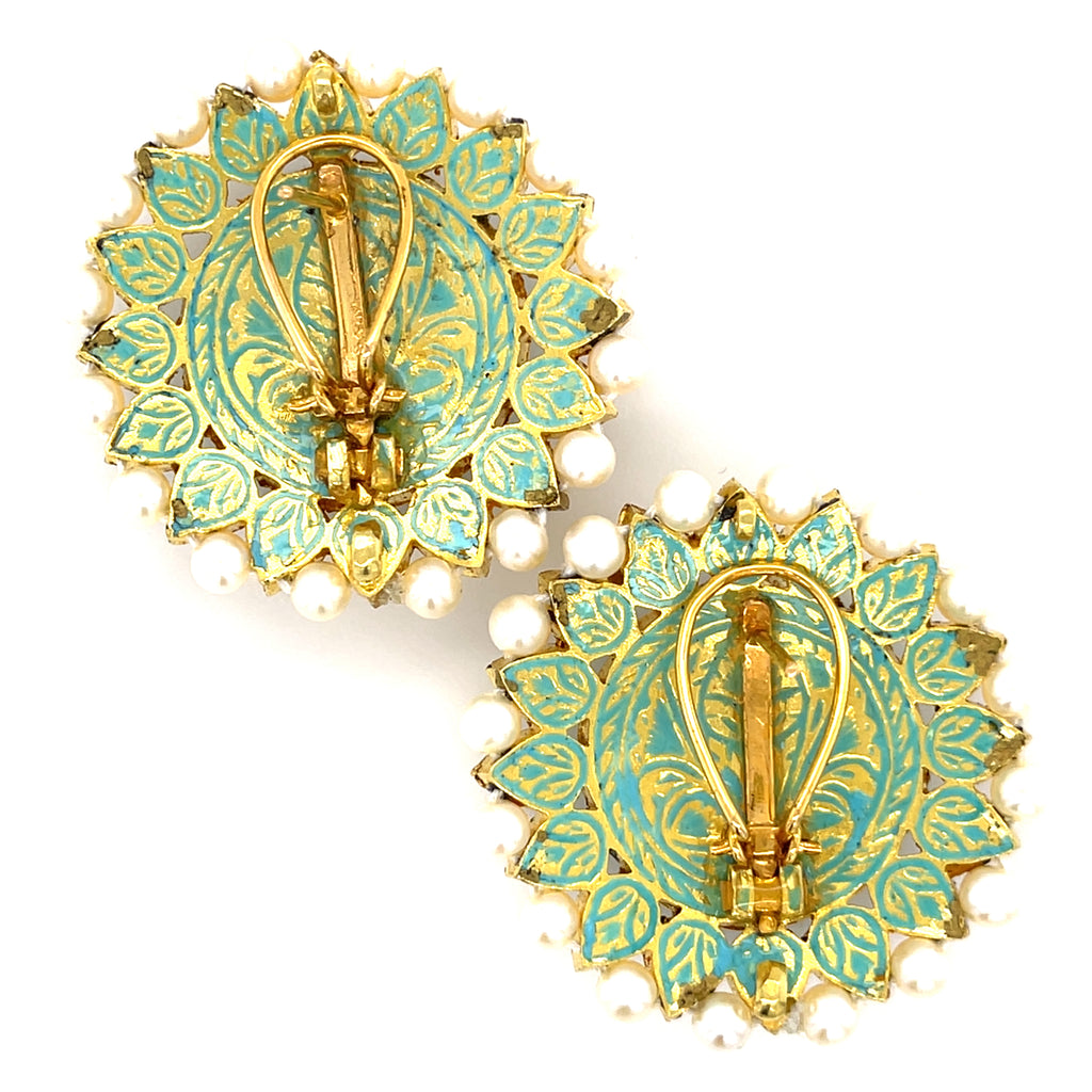 18k Yellow Gold Earrings w/ Table-Cut Pear Diamonds, Cultured Pearl & Enamel Accents