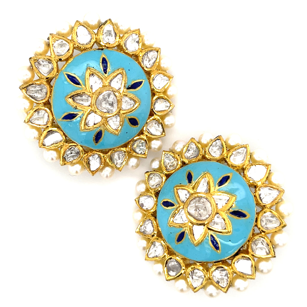 18k Yellow Gold Earrings w/ Table-Cut Pear Diamonds, Cultured Pearl & Enamel Accents