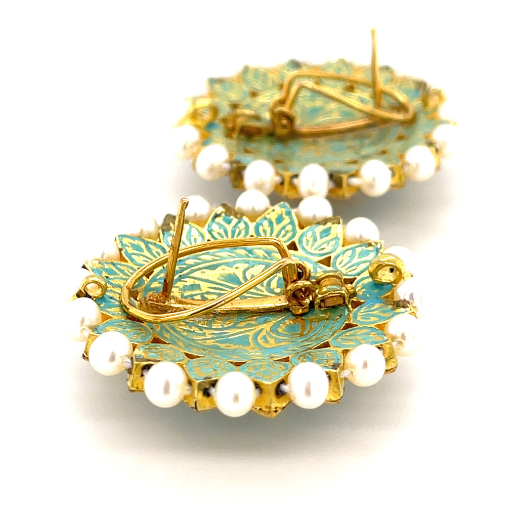 18k Yellow Gold Earrings w/ Table-Cut Pear Diamonds, Cultured Pearl & Enamel Accents
