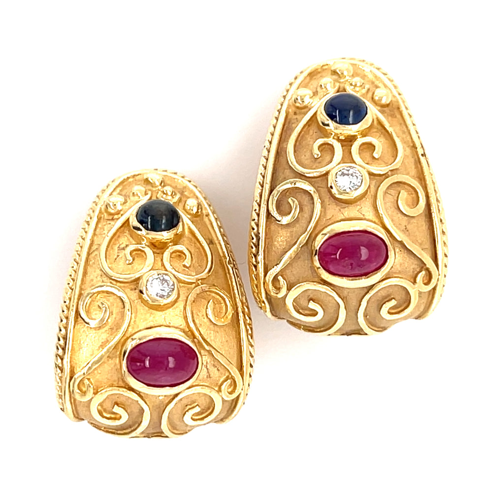 14k Yellow Gold Clip-on Earrings with Ruby, Sapphire and Diamonds.