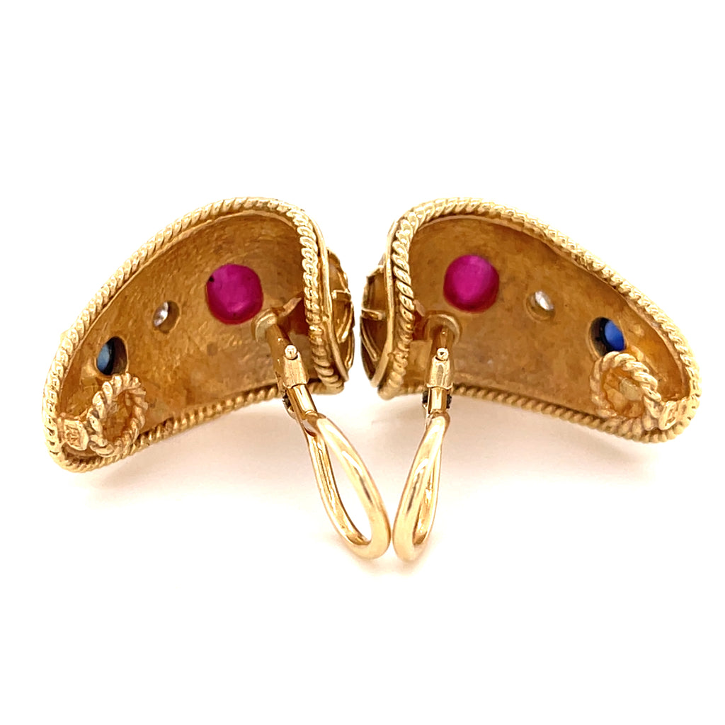 14k Yellow Gold Clip-on Earrings with Ruby, Sapphire and Diamonds.