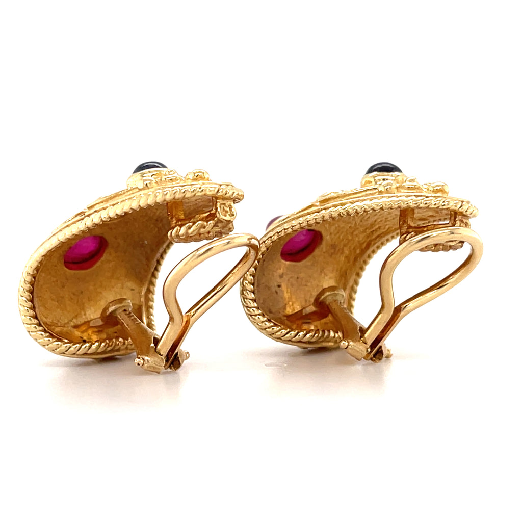 14k Yellow Gold Clip-on Earrings with Ruby, Sapphire and Diamonds.