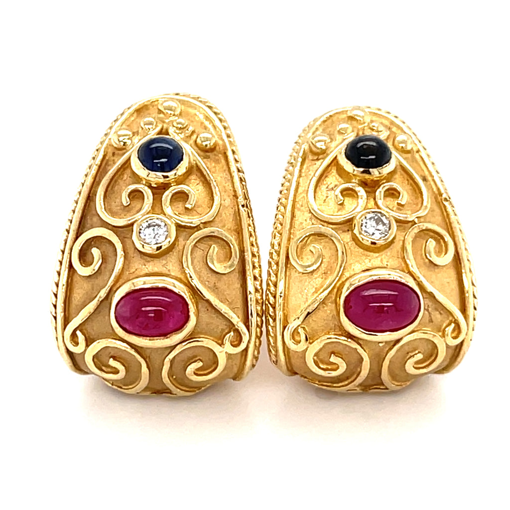 14k Yellow Gold Clip-on Earrings with Ruby, Sapphire and Diamonds.