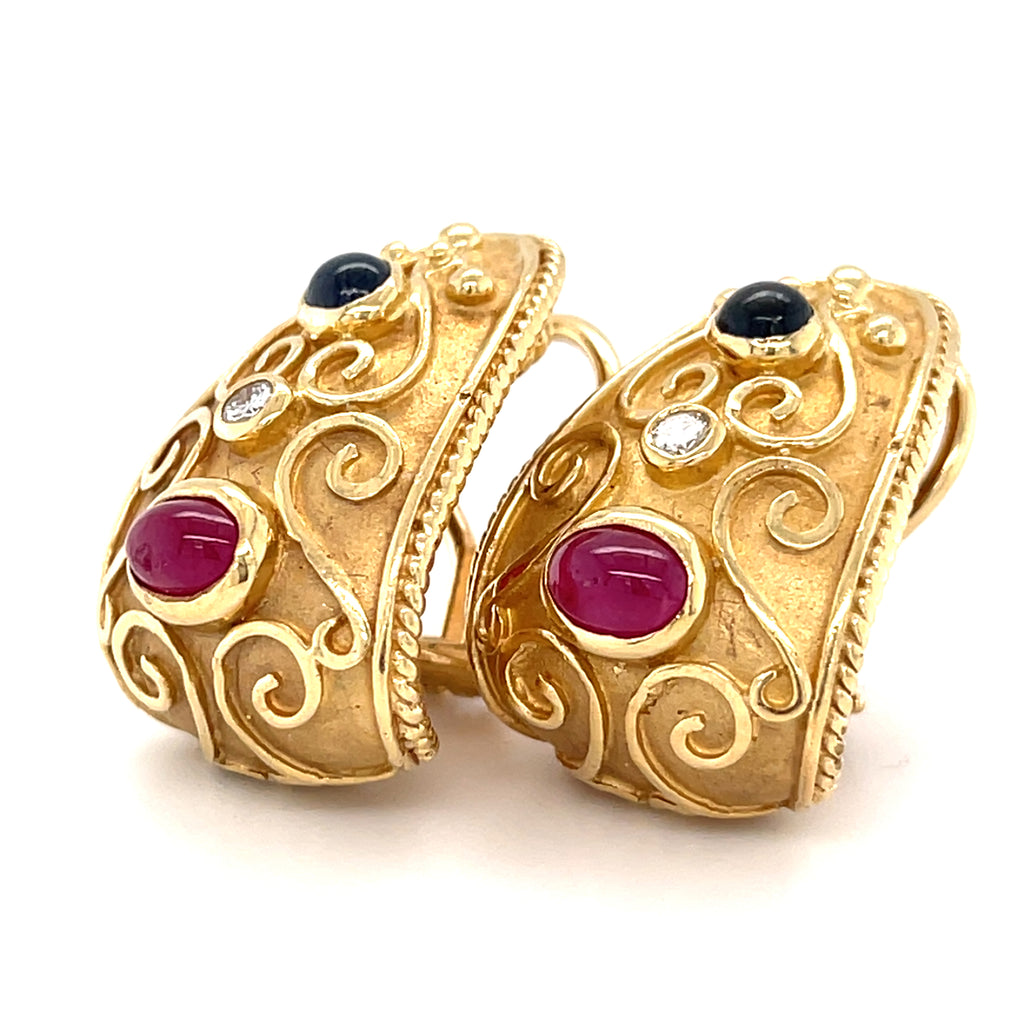 14k Yellow Gold Clip-on Earrings with Ruby, Sapphire and Diamonds.
