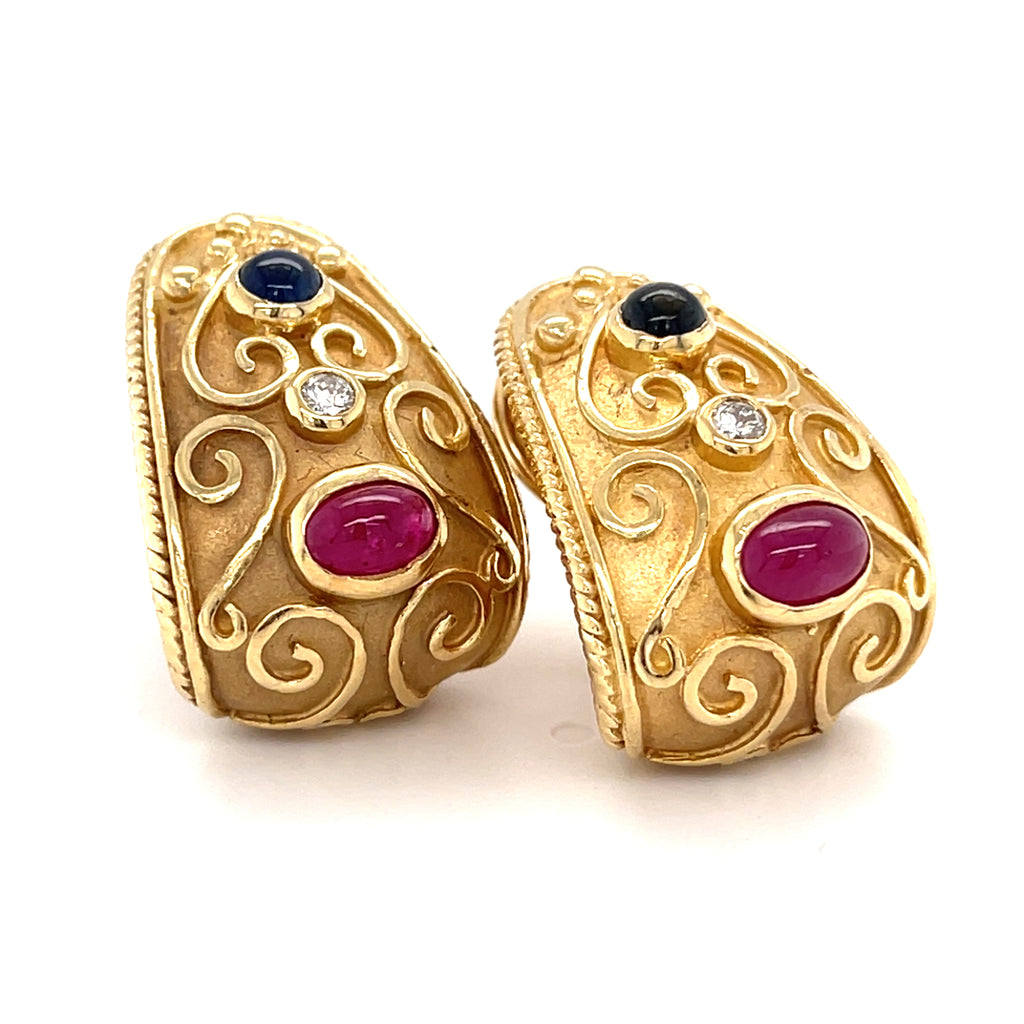 14k Yellow Gold Clip-on Earrings with Ruby, Sapphire and Diamonds.