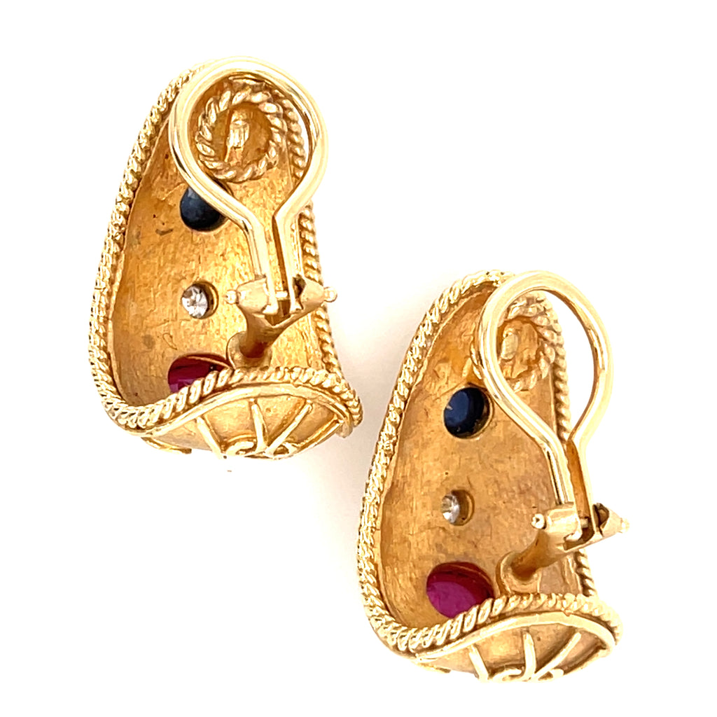 14k Yellow Gold Clip-on Earrings with Ruby, Sapphire and Diamonds.
