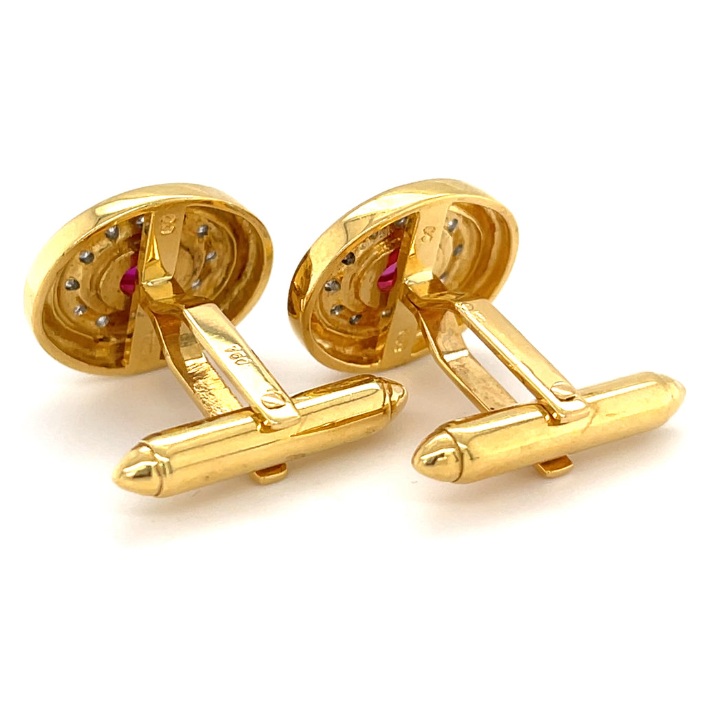 18k Yellow Gold Cufflinks with Ruby & Diamond Accents.