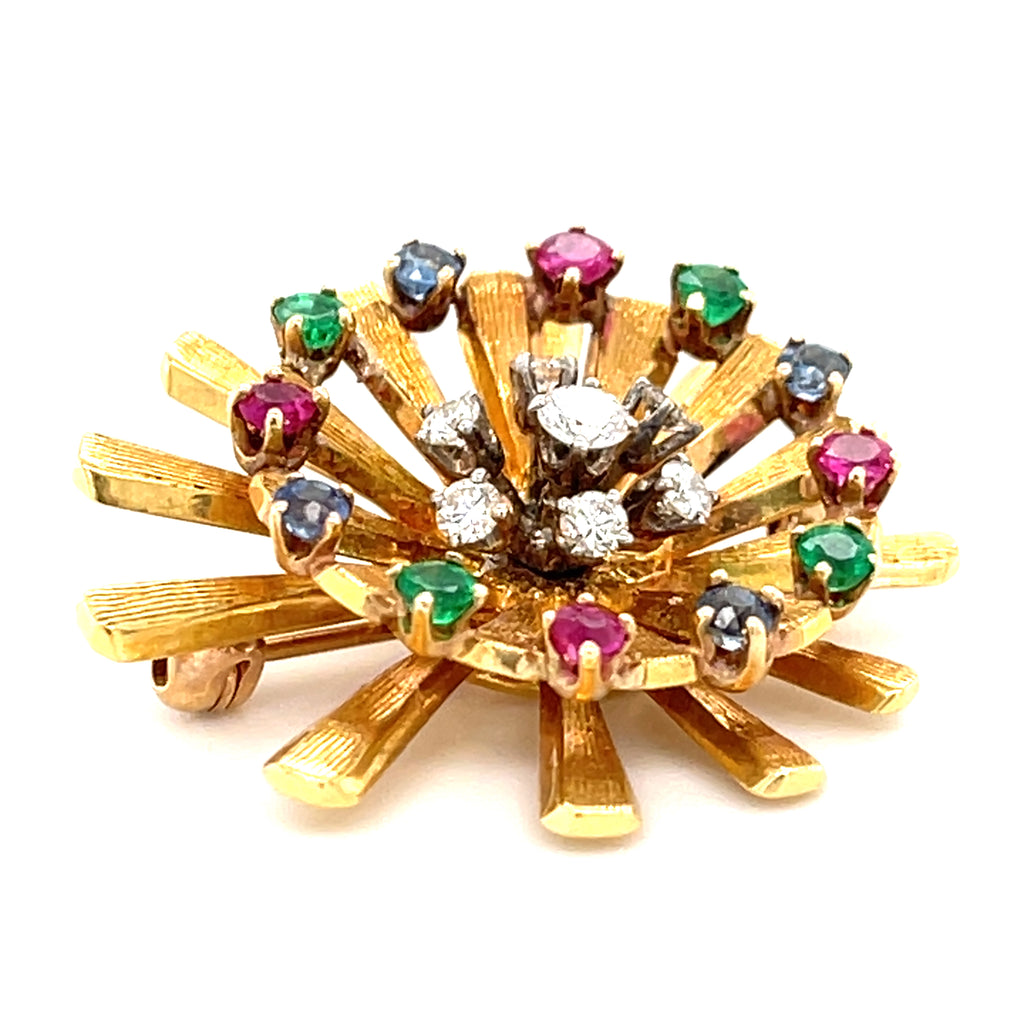 Carl D. Lindstrom 18k Gold Pinwheel Brooch w/ Gemstones & 0.28ct Diamonds.