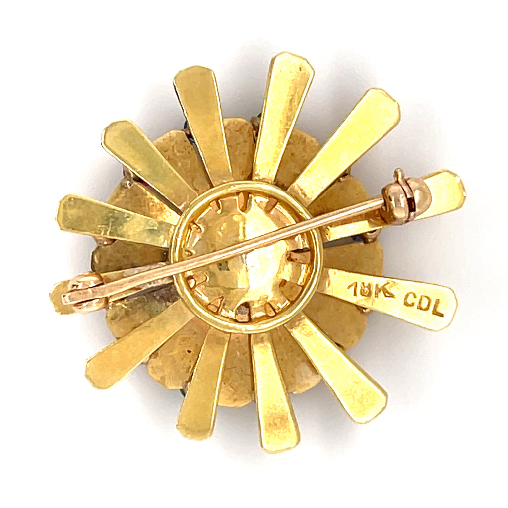 Carl D. Lindstrom 18k Gold Pinwheel Brooch w/ Gemstones & 0.28ct Diamonds.