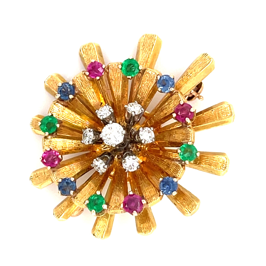 Carl D. Lindstrom 18k Gold Pinwheel Brooch w/ Gemstones & 0.28ct Diamonds.