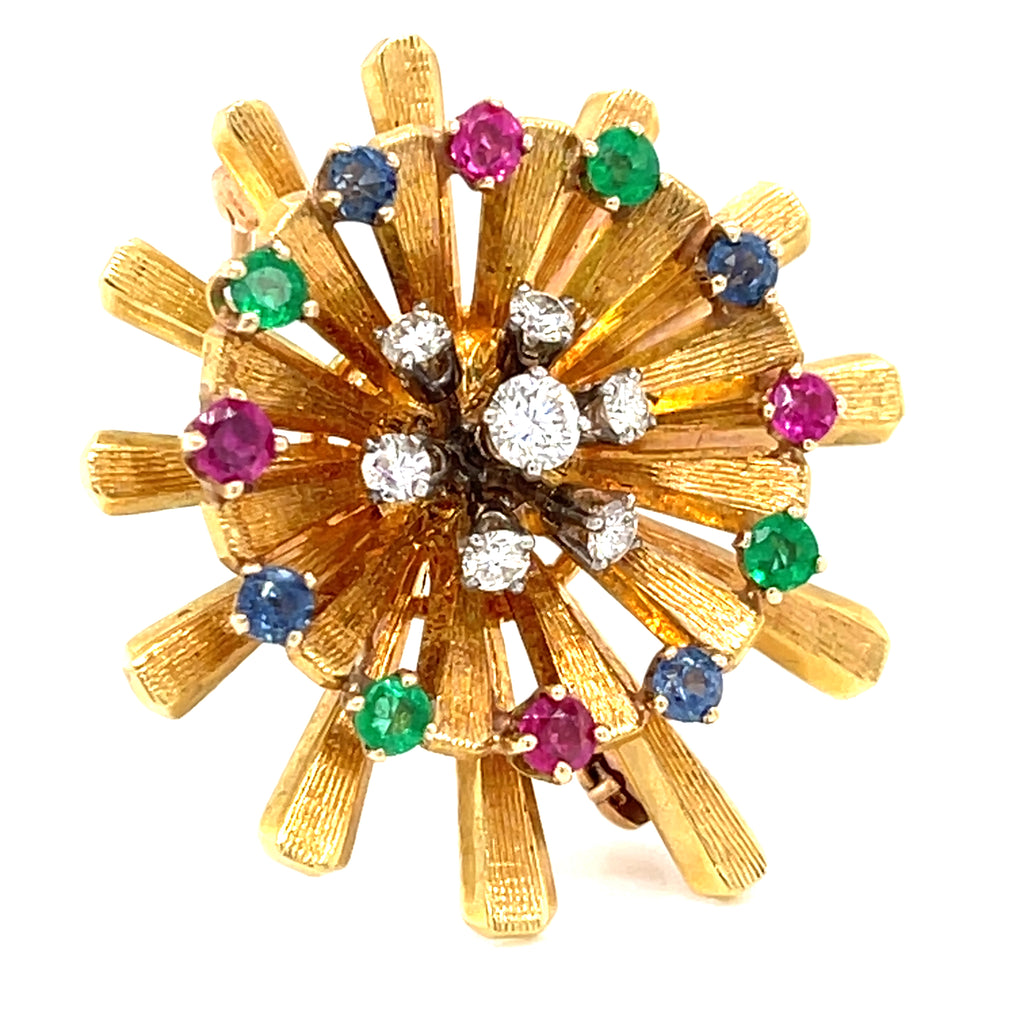 Carl D. Lindstrom 18k Gold Pinwheel Brooch w/ Gemstones & 0.28ct Diamonds.
