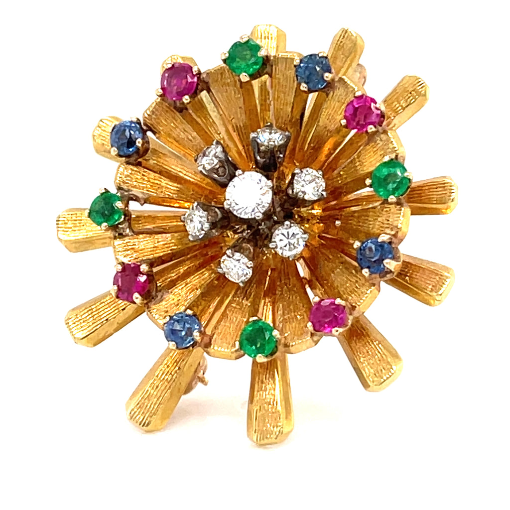 Carl D. Lindstrom 18k Gold Pinwheel Brooch w/ Gemstones & 0.28ct Diamonds.