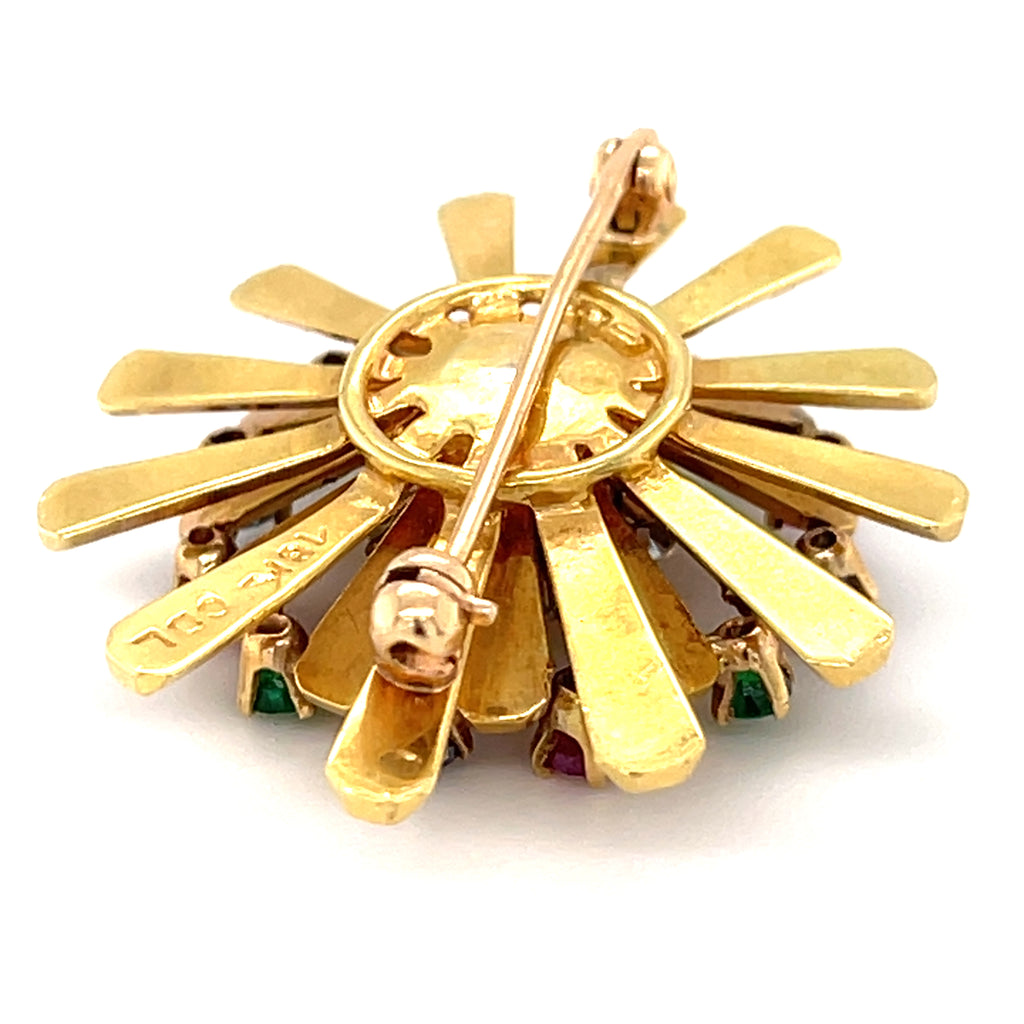 Carl D. Lindstrom 18k Gold Pinwheel Brooch w/ Gemstones & 0.28ct Diamonds.