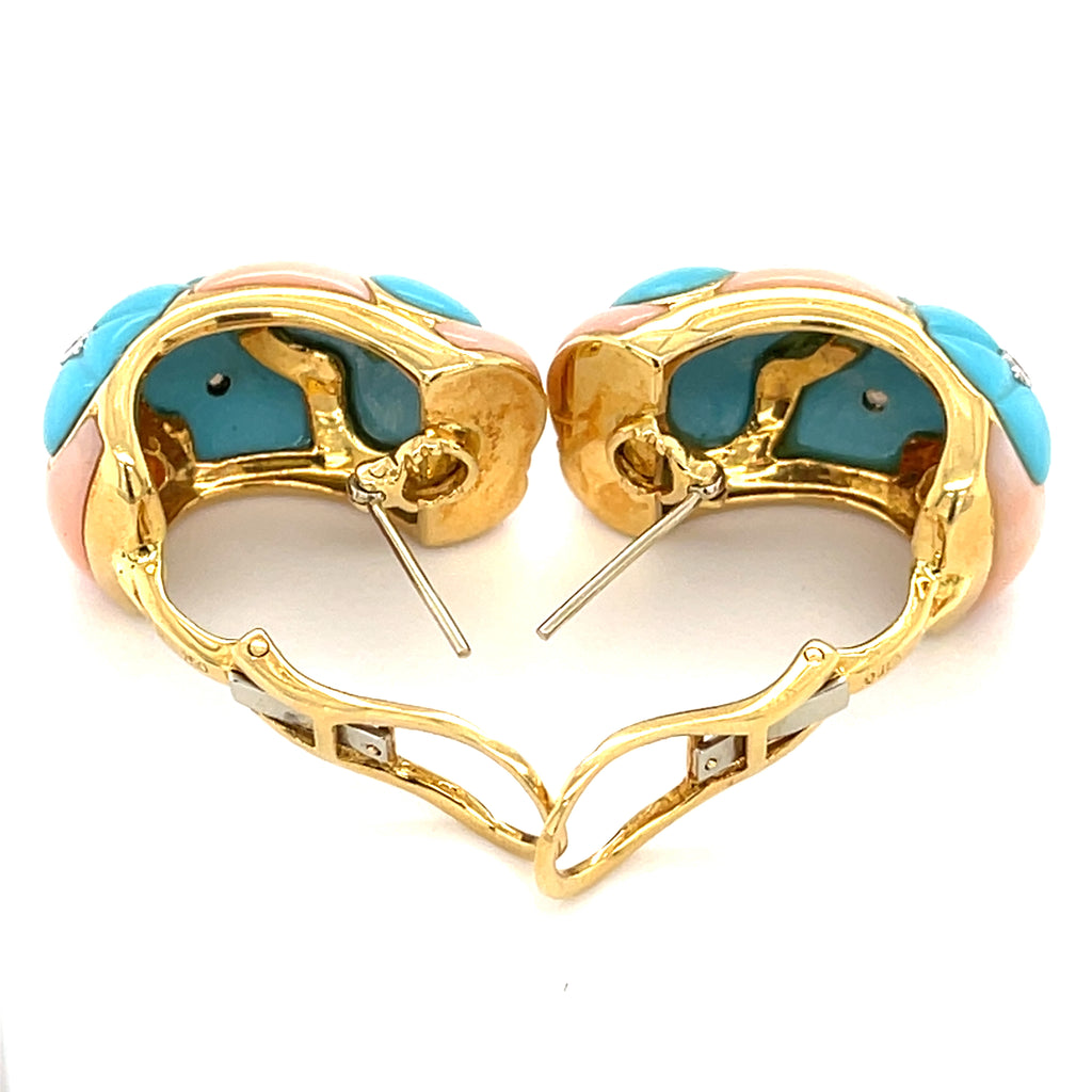 18k Gold & 0.08ct Diamond Earrings w/ Carved Turquoise & Coral.