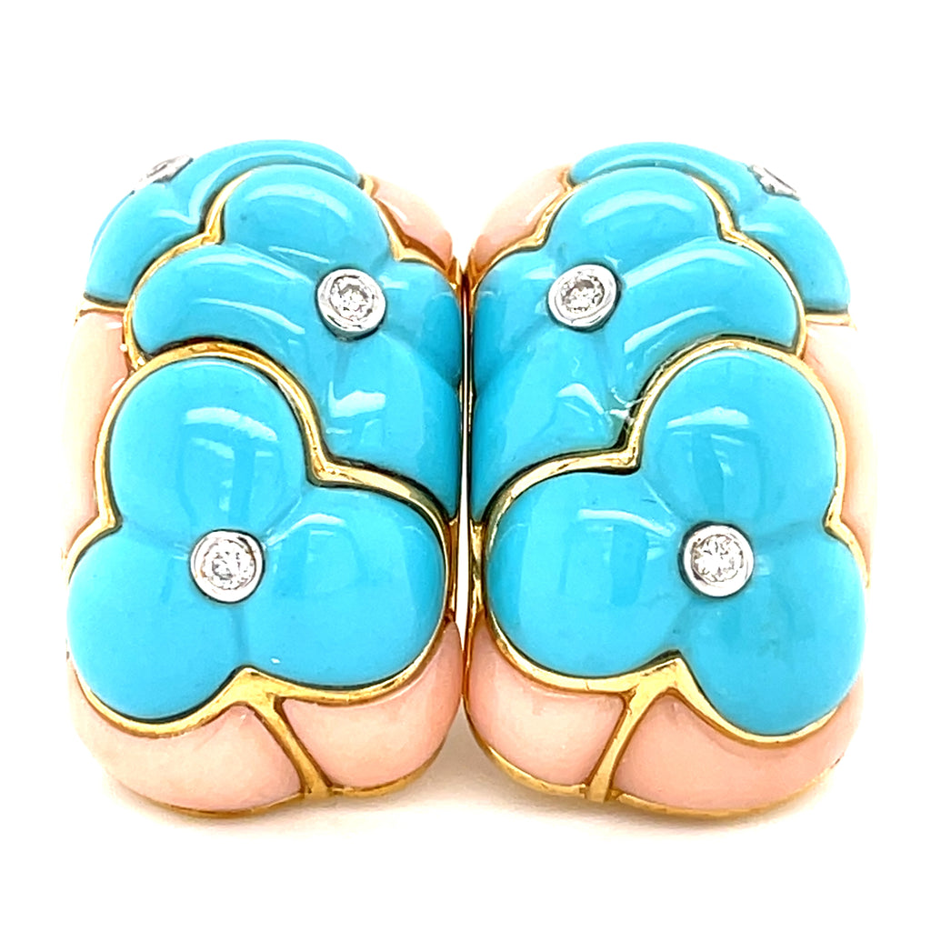 18k Gold & 0.08ct Diamond Earrings w/ Carved Turquoise & Coral.