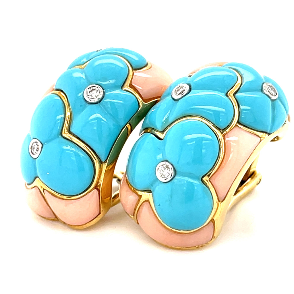 18k Gold & 0.08ct Diamond Earrings w/ Carved Turquoise & Coral.