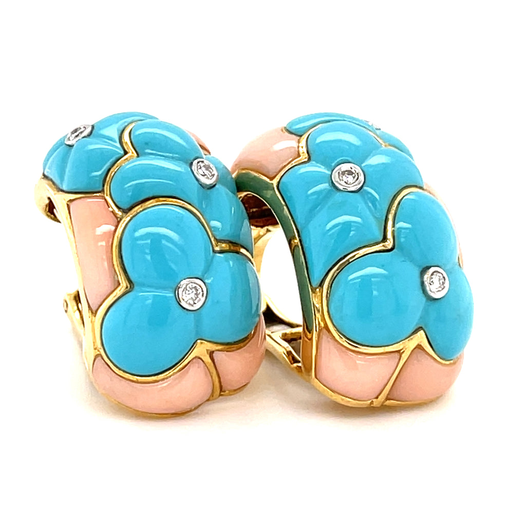 18k Gold & 0.08ct Diamond Earrings w/ Carved Turquoise & Coral.