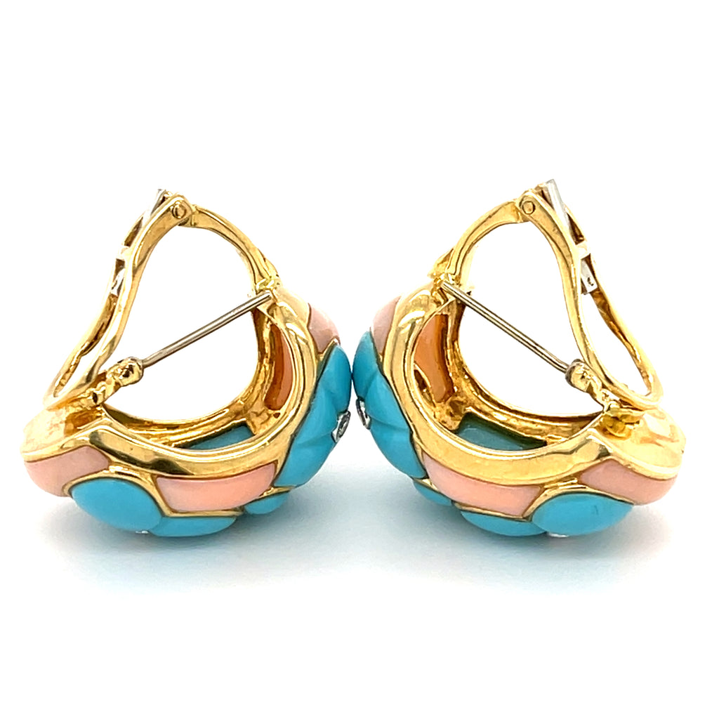 18k Gold & 0.08ct Diamond Earrings w/ Carved Turquoise & Coral.