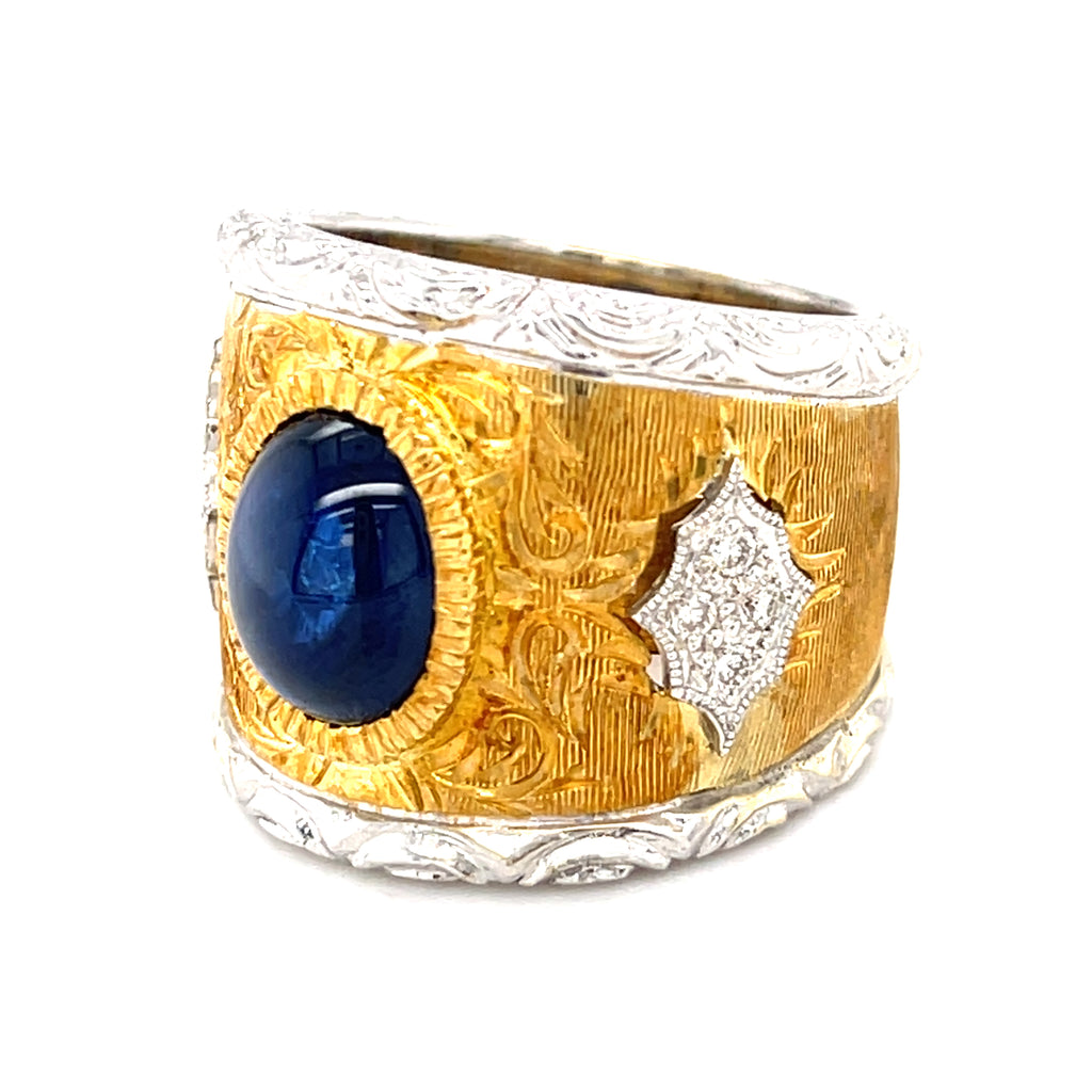 18k Two-Tone Gold & 3.56ct Sapphire Band Ring w/ 0.17ct Diamonds, Size 6.75.