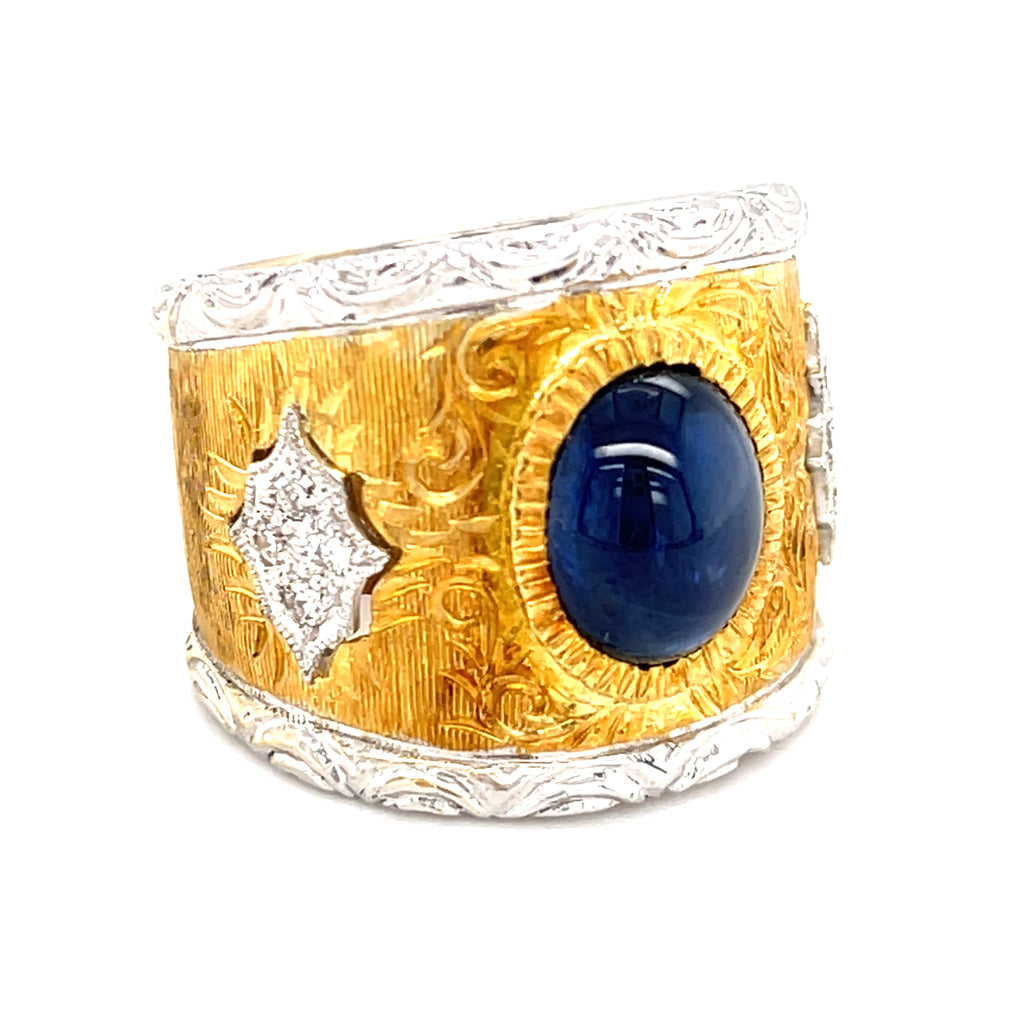 18k Two-Tone Gold & 3.56ct Sapphire Band Ring w/ 0.17ct Diamonds, Size 6.75.