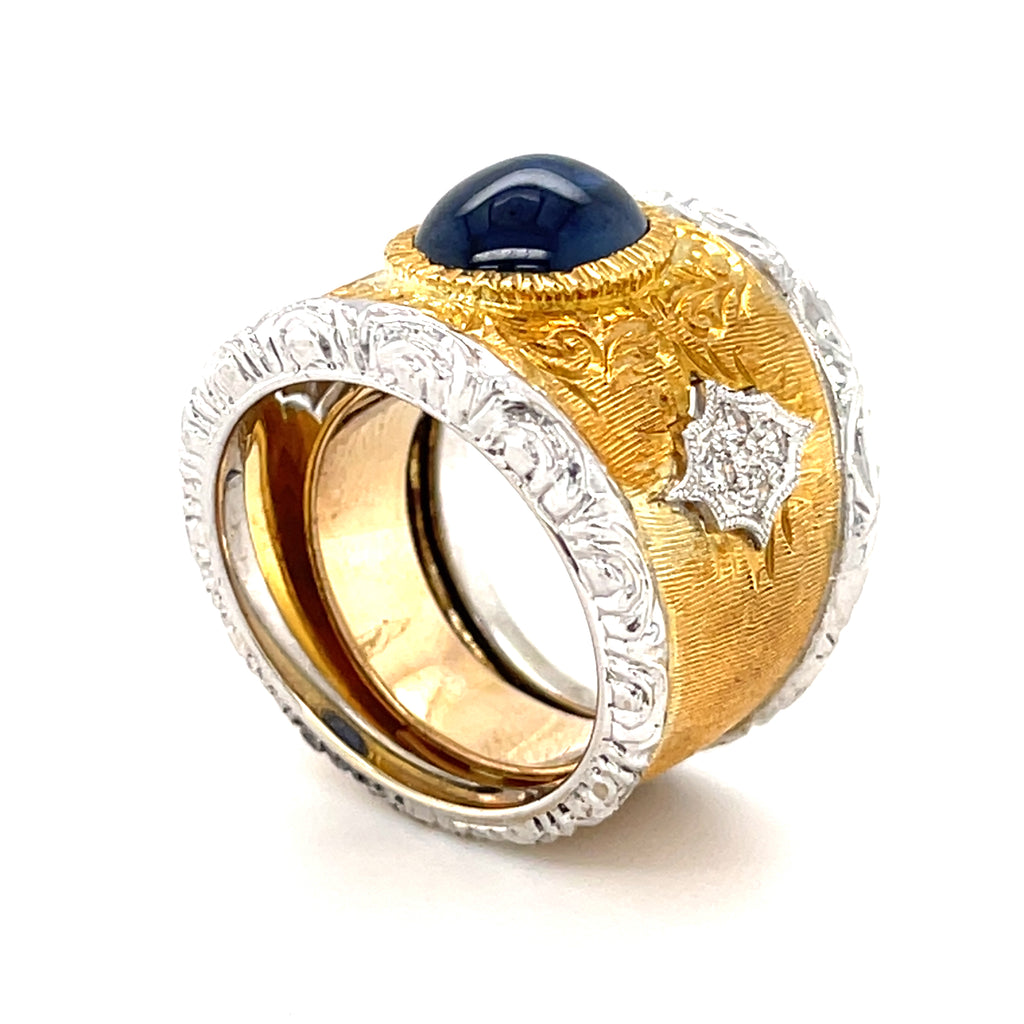 18k Two-Tone Gold & 3.56ct Sapphire Band Ring w/ 0.17ct Diamonds, Size 6.75.