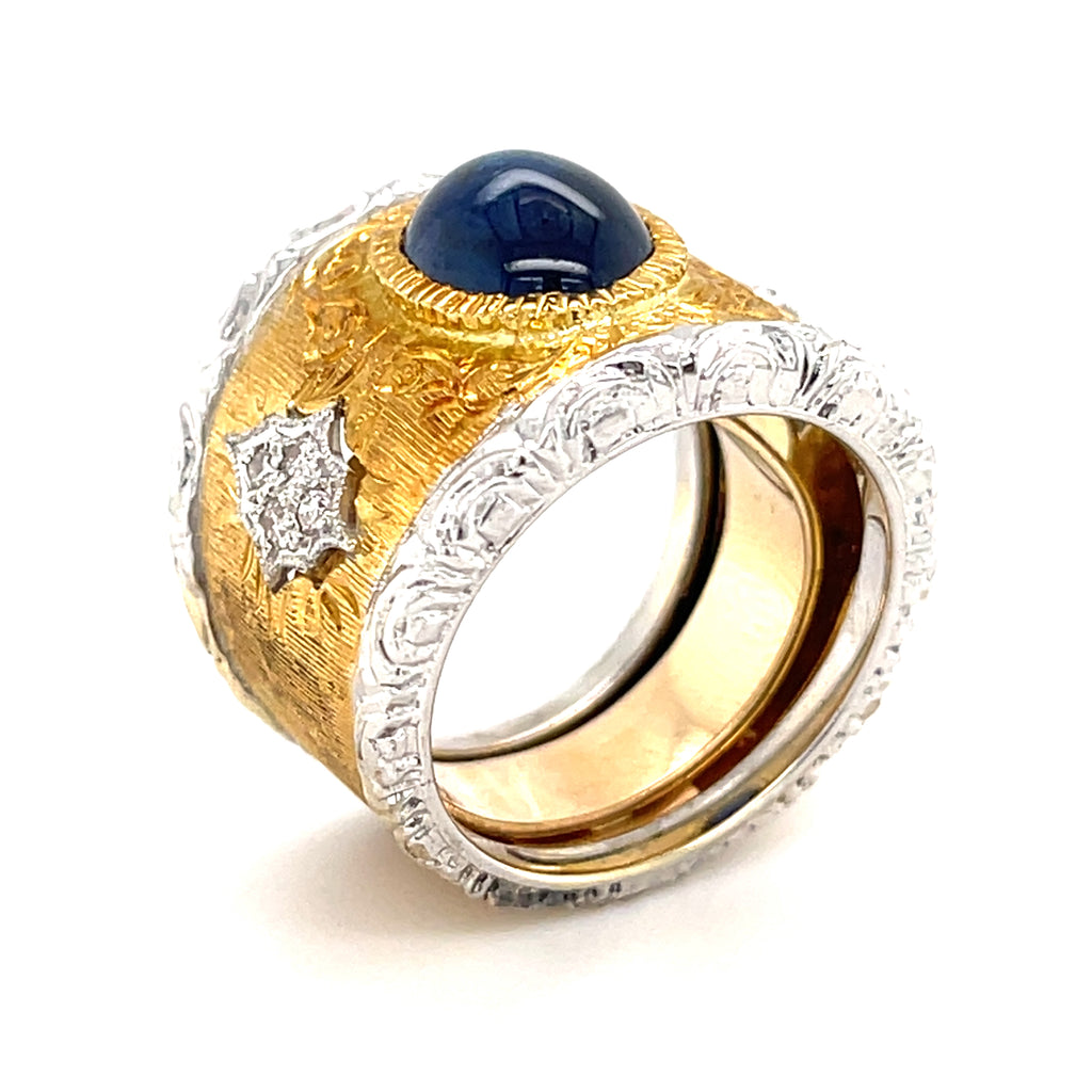 18k Two-Tone Gold & 3.56ct Sapphire Band Ring w/ 0.17ct Diamonds, Size 6.75.