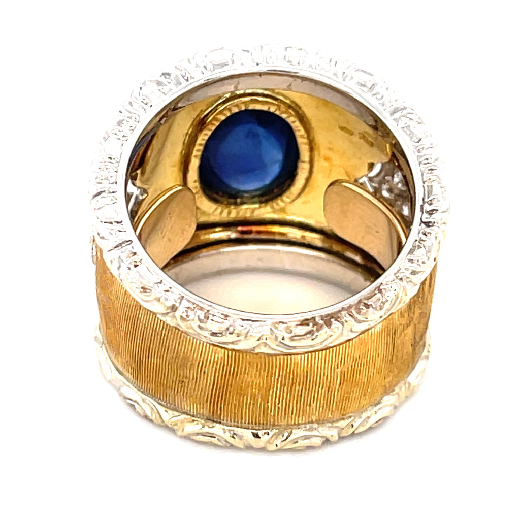 18k Two-Tone Gold & 3.56ct Sapphire Band Ring w/ 0.17ct Diamonds, Size 6.75.