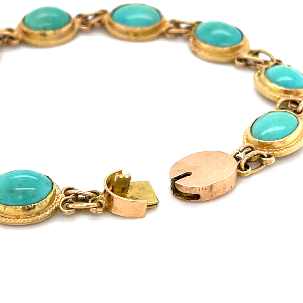 10k Yellow Gold & Turquoise Cabochon Bracelet, Size 7.