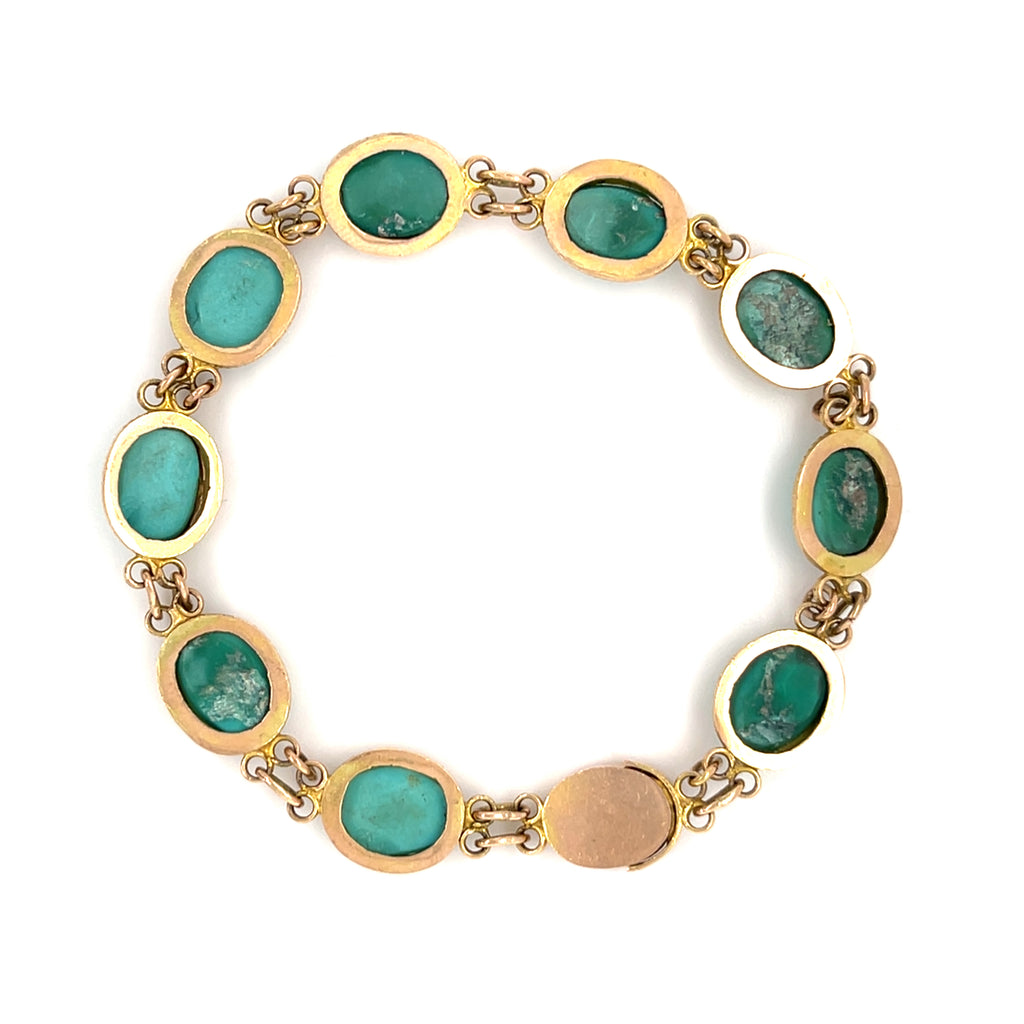 10k Yellow Gold & Turquoise Cabochon Bracelet, Size 7.