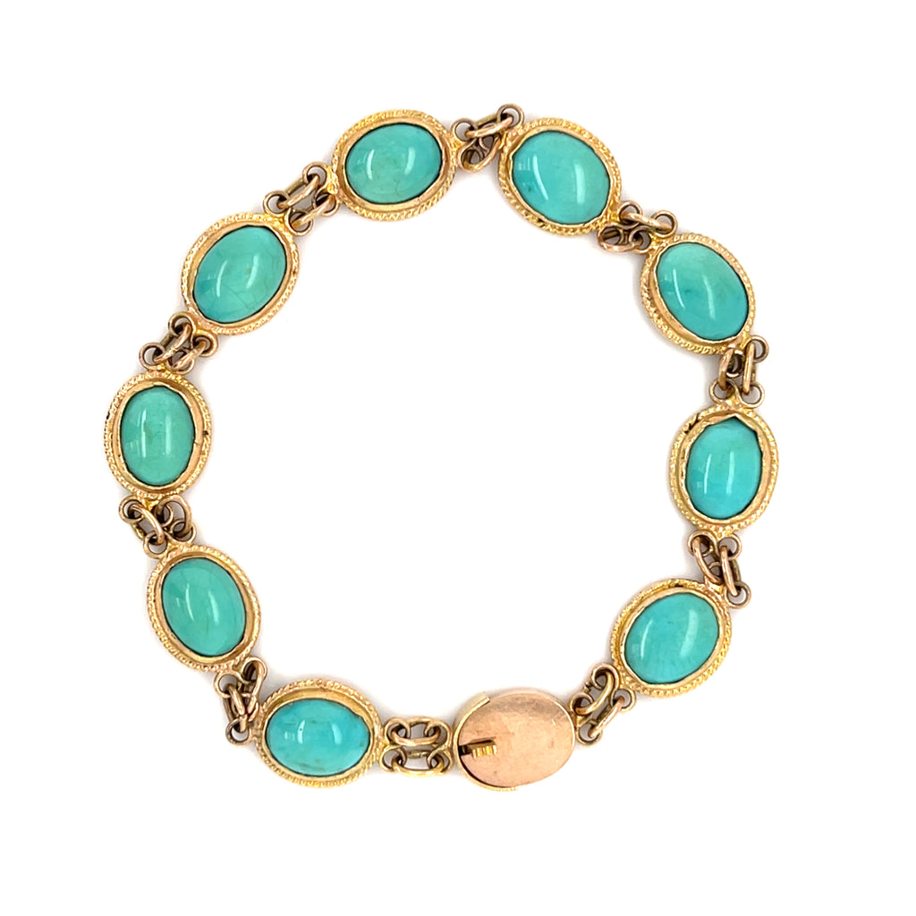 10k Yellow Gold & Turquoise Cabochon Bracelet, Size 7.