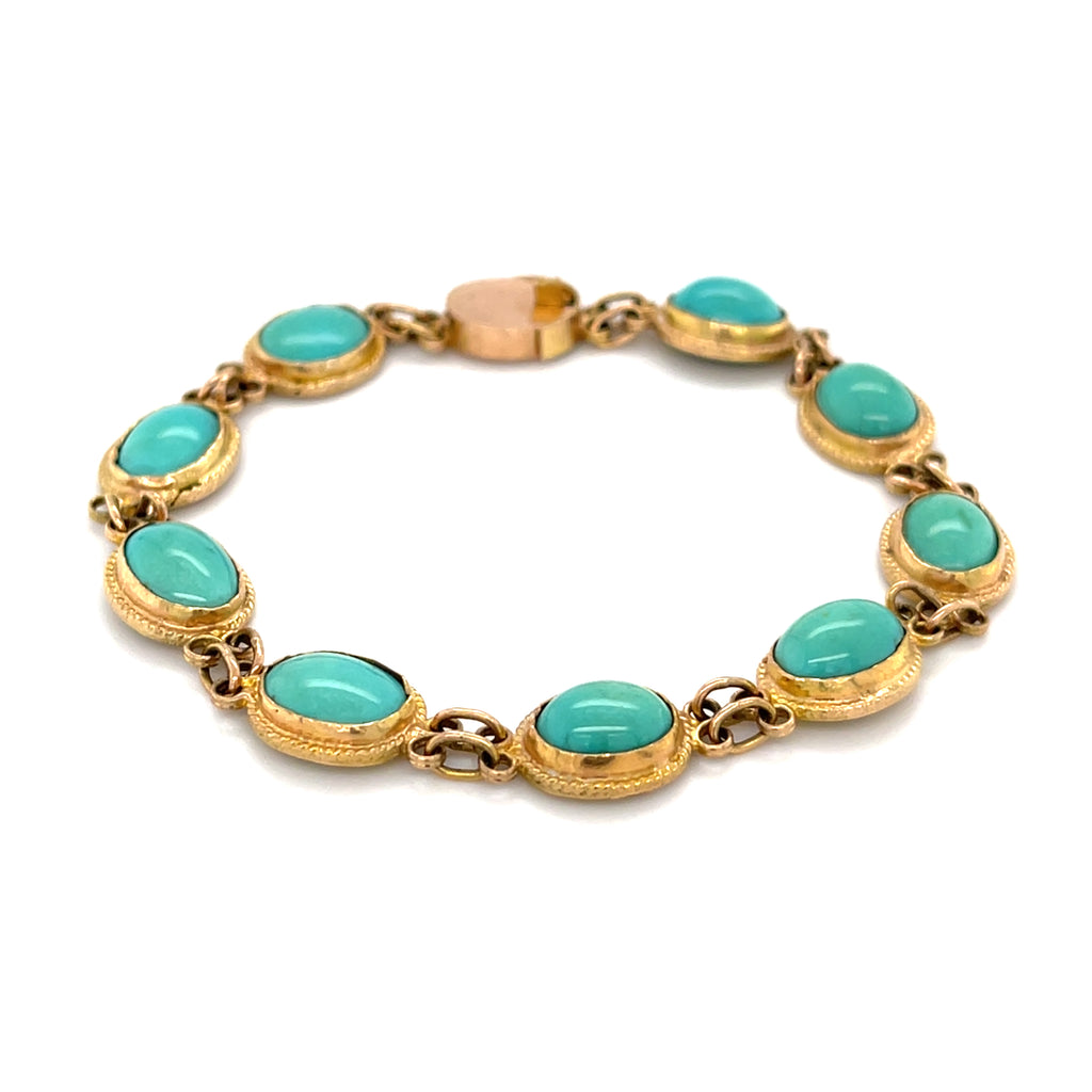10k Yellow Gold & Turquoise Cabochon Bracelet, Size 7.