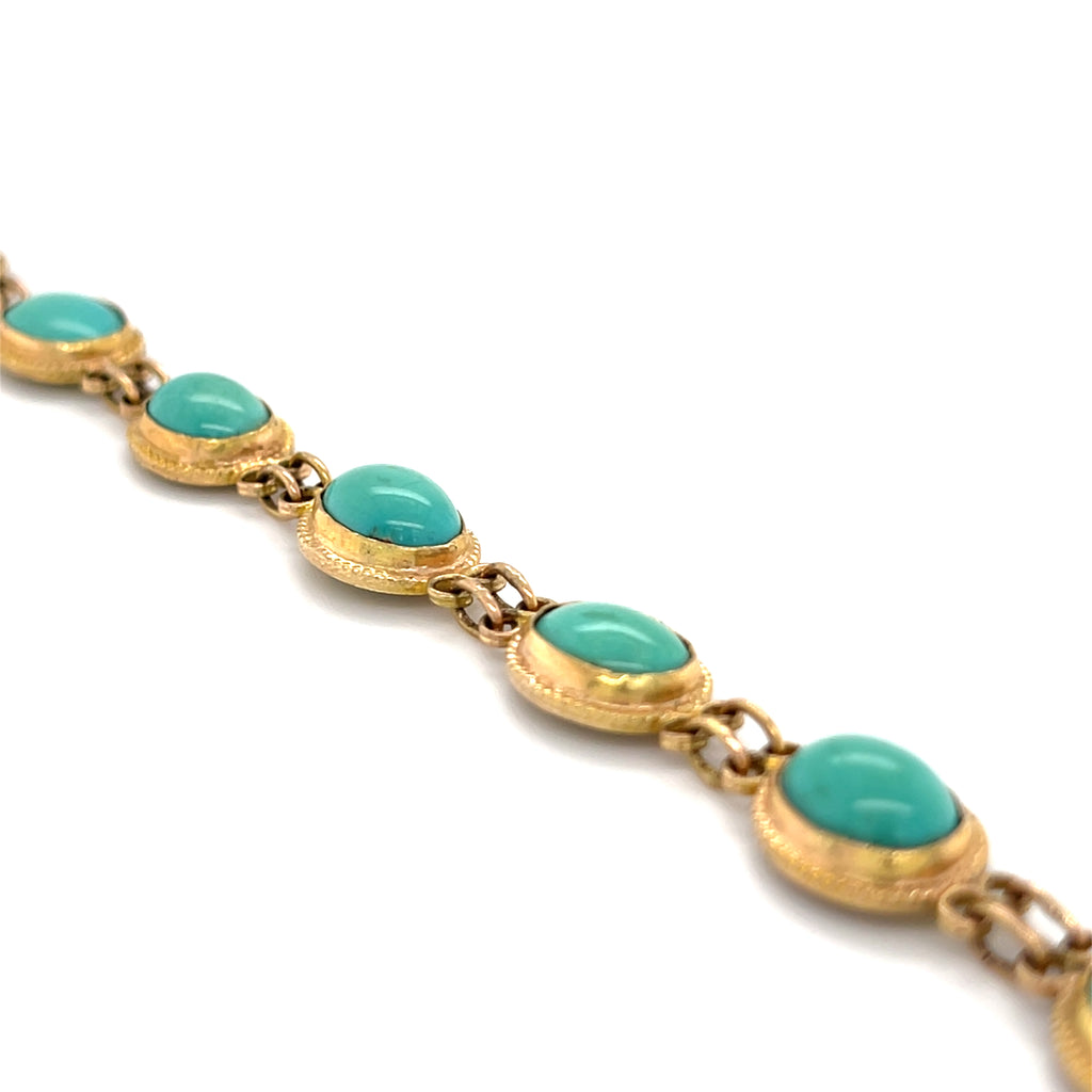 10k Yellow Gold & Turquoise Cabochon Bracelet, Size 7.