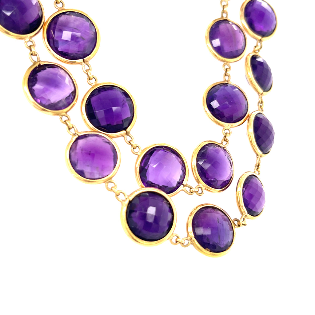 18k Yellow Gold 170ct Amethyst Double-Cabochon Long Beaded Necklace, Size 38".