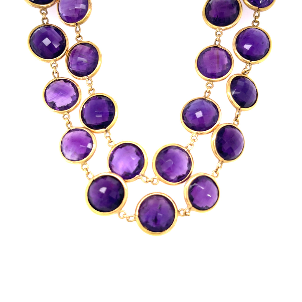 18k Yellow Gold 170ct Amethyst Double-Cabochon Long Beaded Necklace, Size 38".