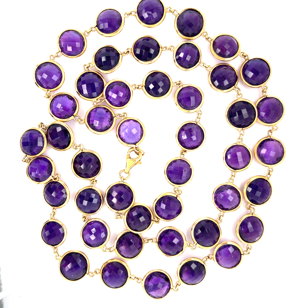 18k Yellow Gold 170ct Amethyst Double-Cabochon Long Beaded Necklace, Size 38".