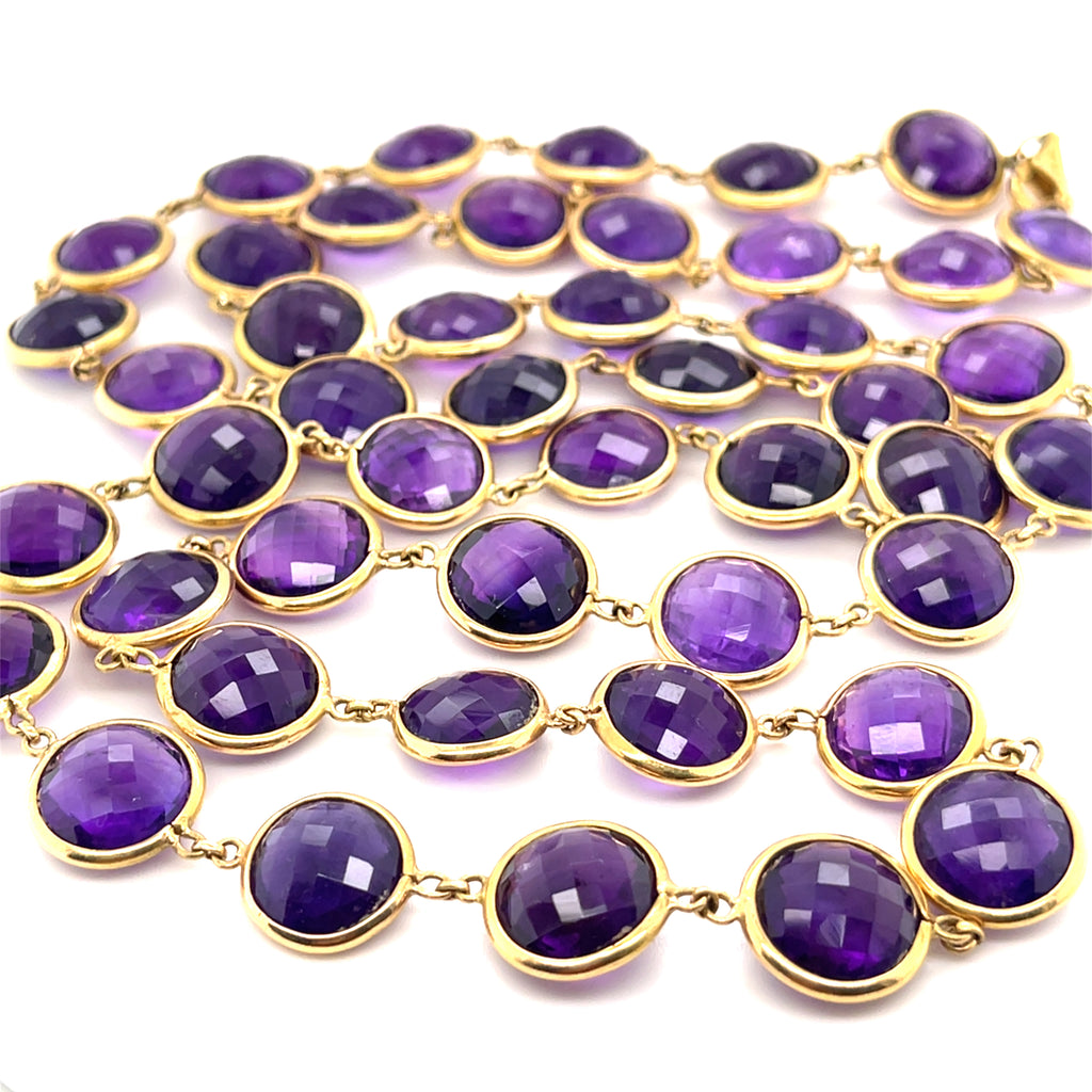 18k Yellow Gold 170ct Amethyst Double-Cabochon Long Beaded Necklace, Size 38".