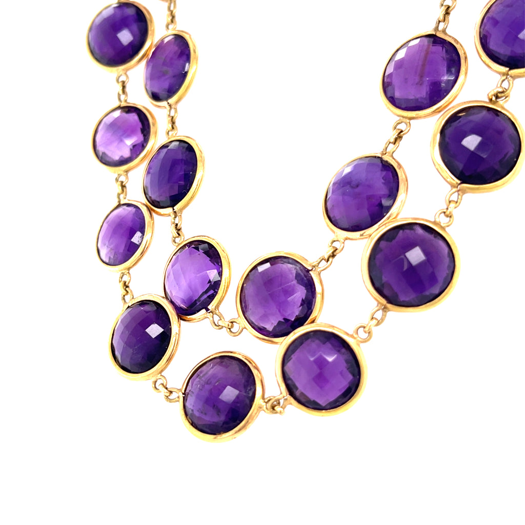 18k Yellow Gold 170ct Amethyst Double-Cabochon Long Beaded Necklace, Size 38".