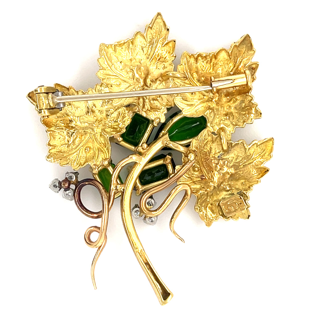 18k Yellow Gold & Green Tourmaline Leaf Brooch w/ 0.24ct Diamond Accents.