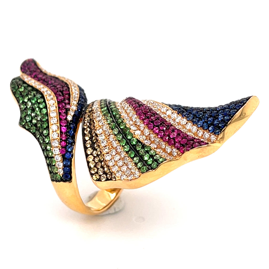 18k Rose Gold Bypass Ring w/ 0.6ct Diamonds & 2.1ct Gemstones, Size 7.