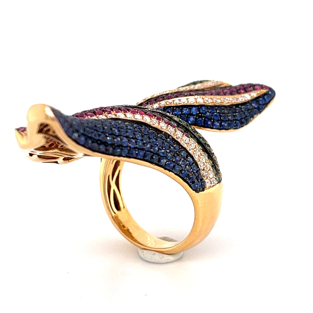 18k Rose Gold Bypass Ring w/ 0.6ct Diamonds & 2.1ct Gemstones, Size 7.