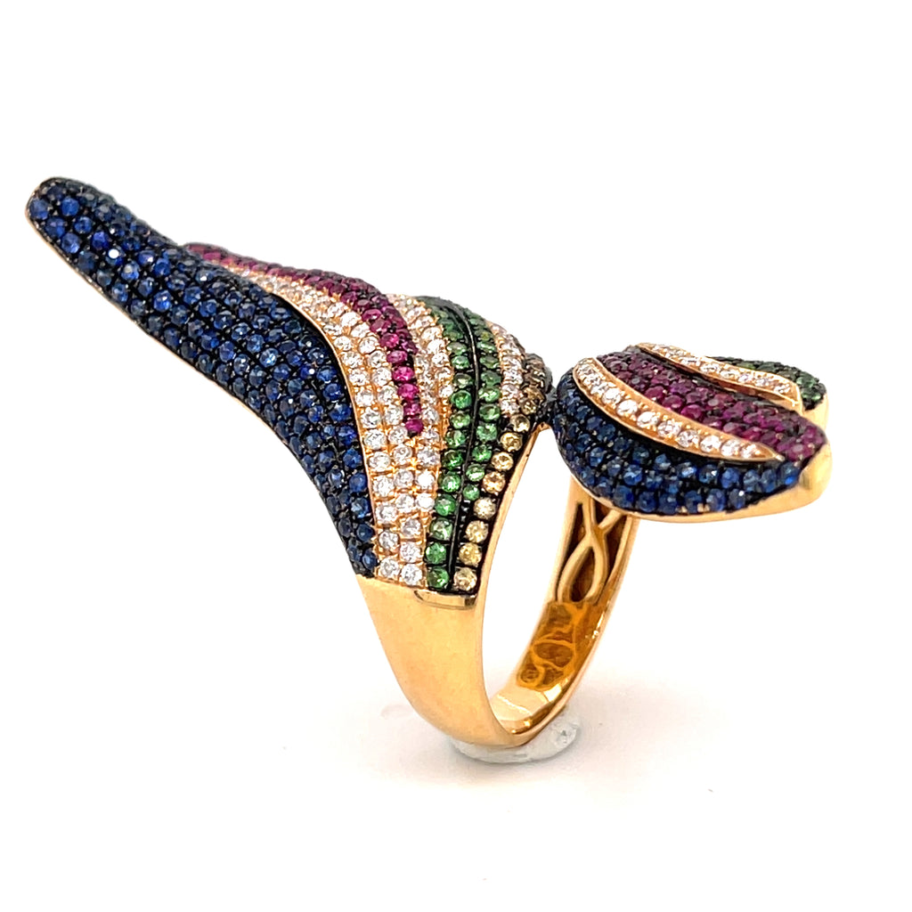 18k Rose Gold Bypass Ring w/ 0.6ct Diamonds & 2.1ct Gemstones, Size 7.