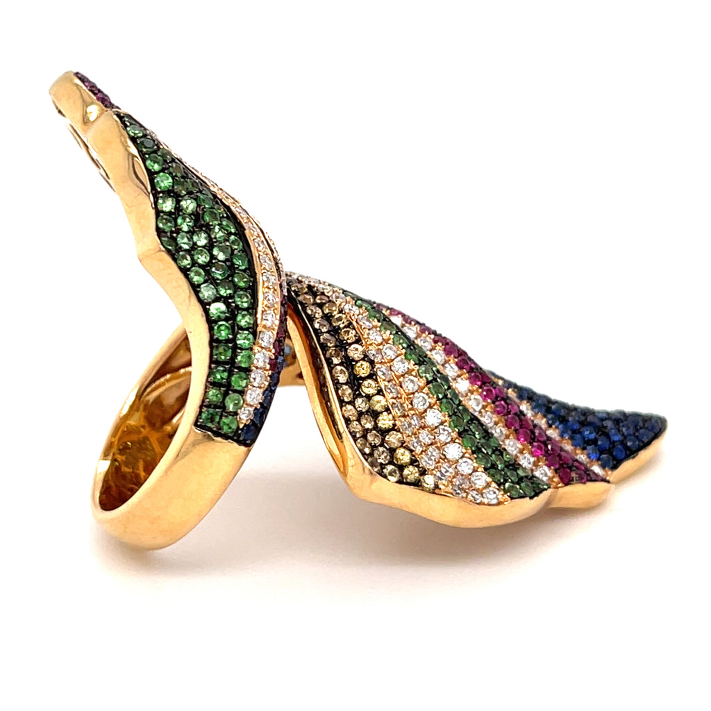 18k Rose Gold Bypass Ring w/ 0.6ct Diamonds & 2.1ct Gemstones, Size 7.