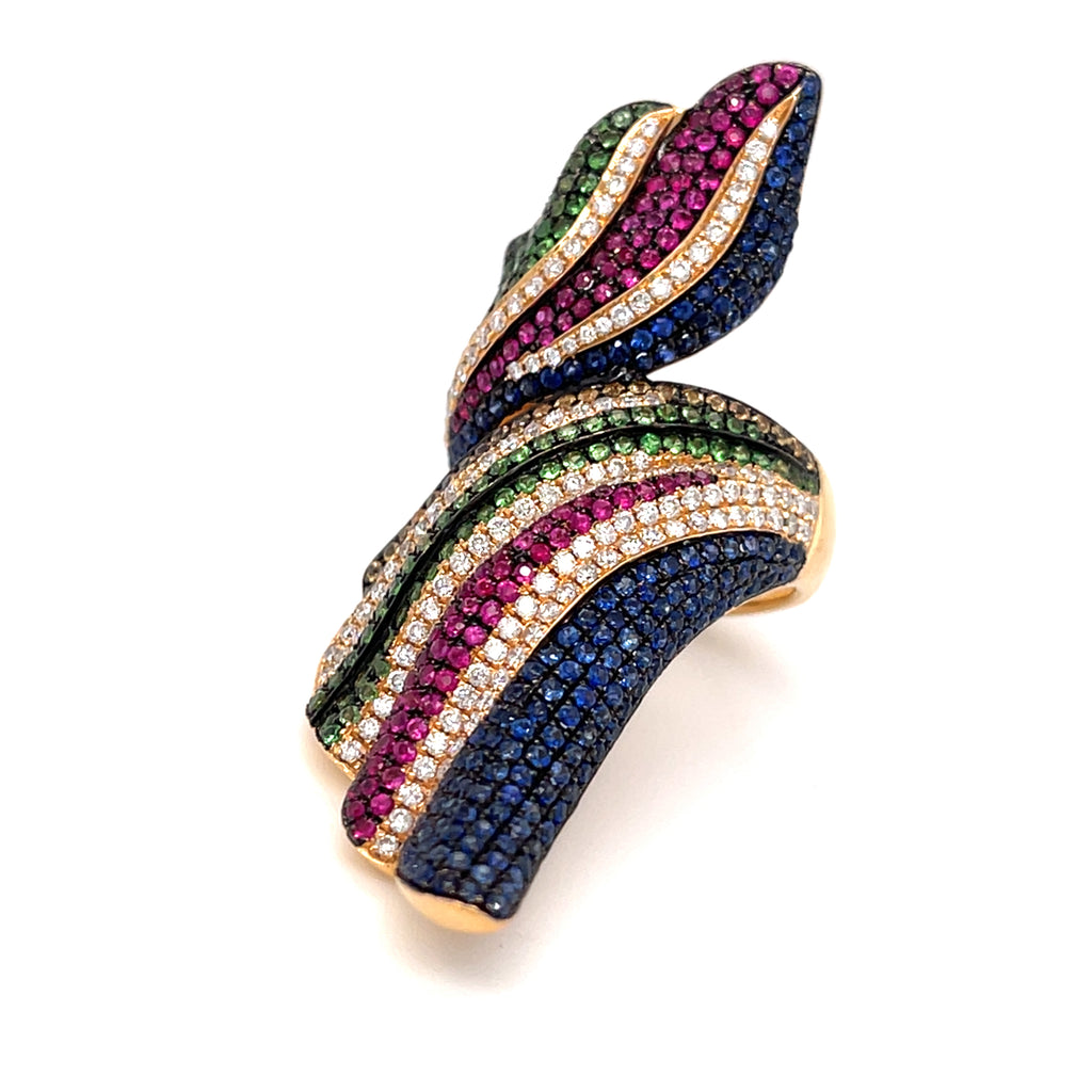 18k Rose Gold Bypass Ring w/ 0.6ct Diamonds & 2.1ct Gemstones, Size 7.