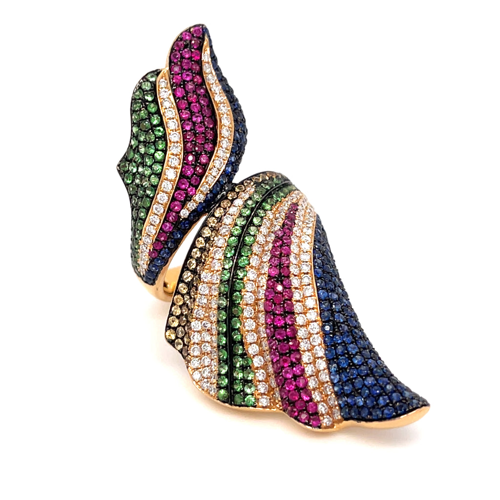 18k Rose Gold Bypass Ring w/ 0.6ct Diamonds & 2.1ct Gemstones, Size 7.