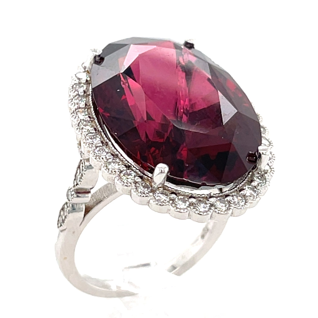 18k White Gold & 37.3ct Oval Garnet Ring w/ 0.75ct Diamond Halo, Size 7.