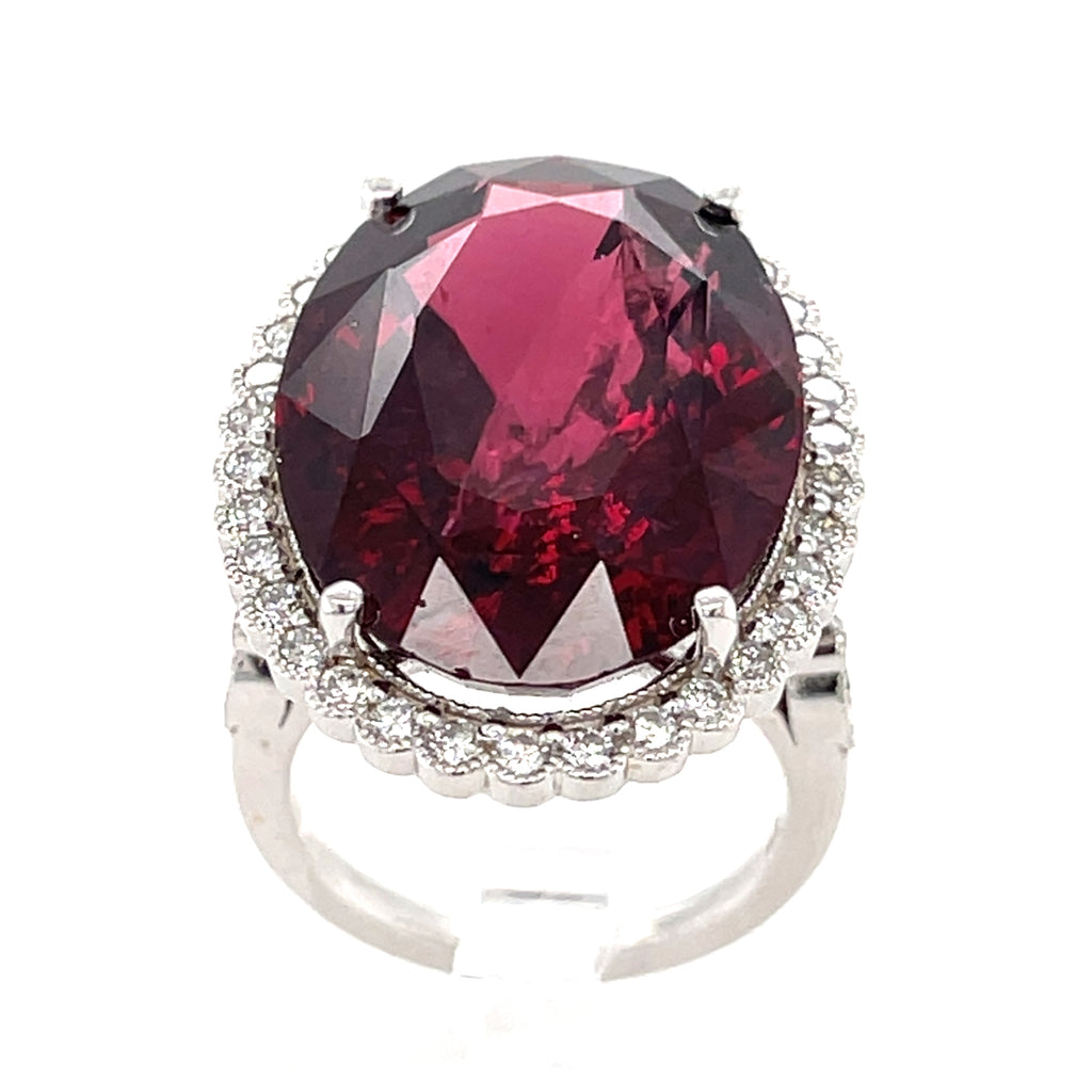18k White Gold & 37.3ct Oval Garnet Ring w/ 0.75ct Diamond Halo, Size 7.