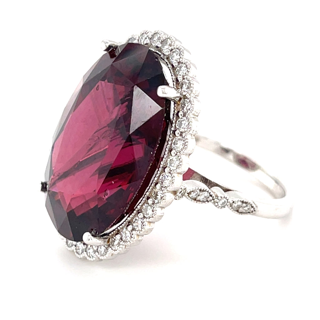 18k White Gold & 37.3ct Oval Garnet Ring w/ 0.75ct Diamond Halo, Size 7.