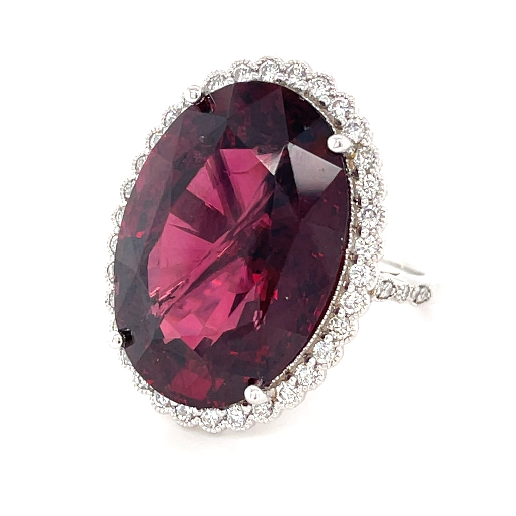 18k White Gold & 37.3ct Oval Garnet Ring w/ 0.75ct Diamond Halo, Size 7.