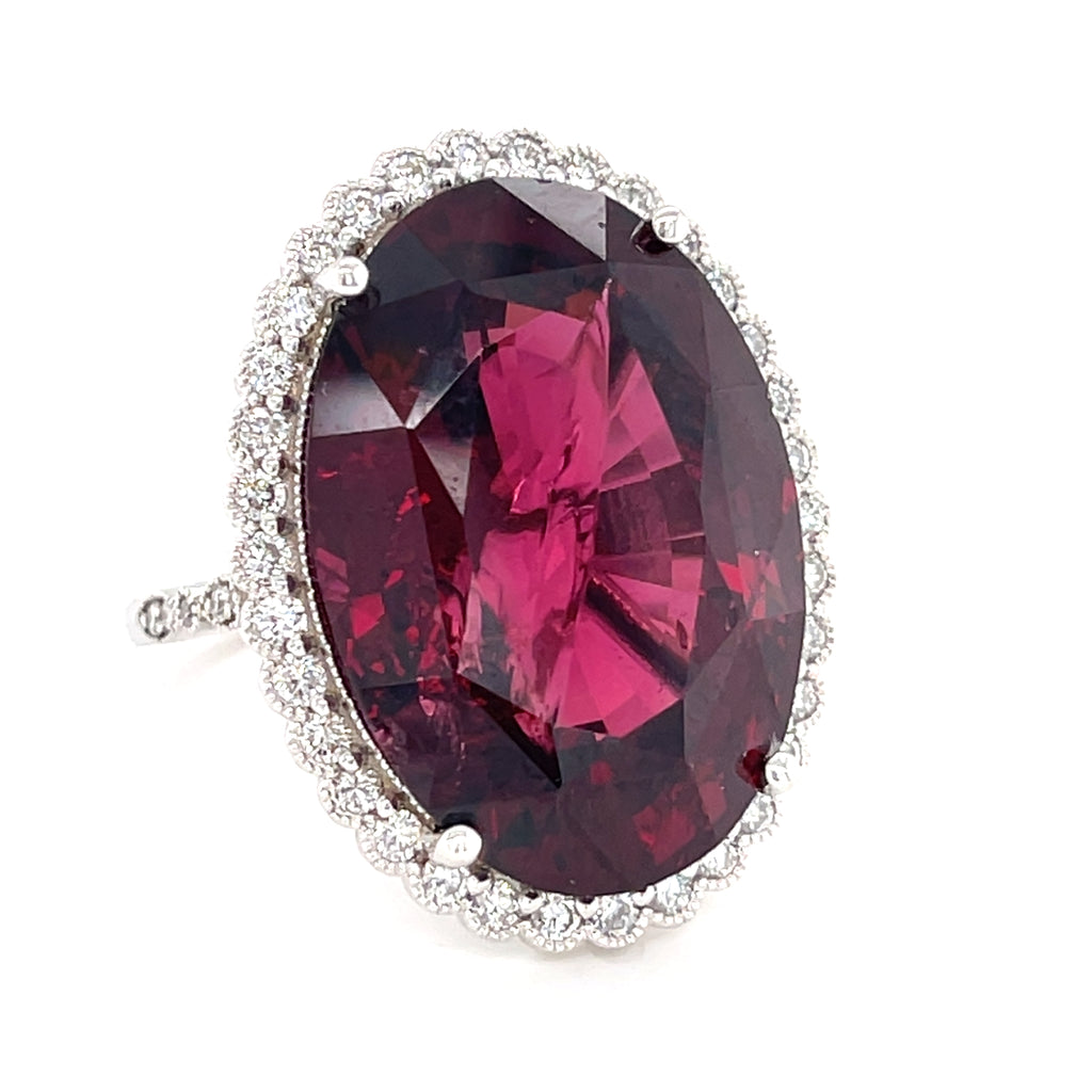 18k White Gold & 37.3ct Oval Garnet Ring w/ 0.75ct Diamond Halo, Size 7.